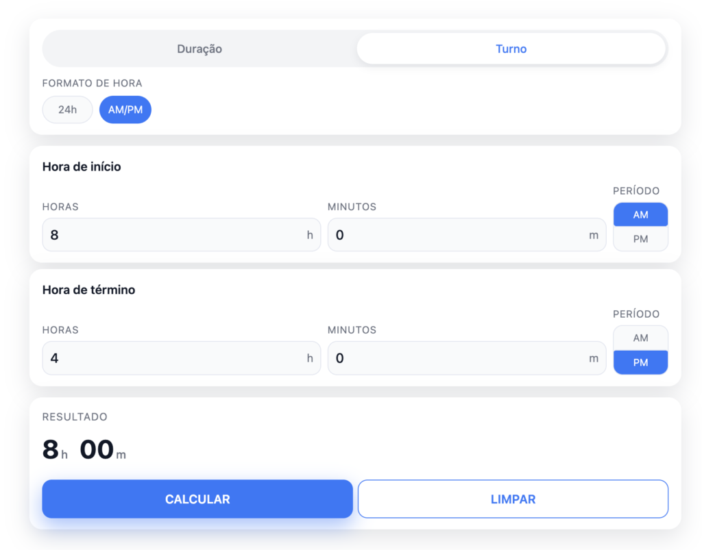 Calculadora de horas online no calcdehoras.com