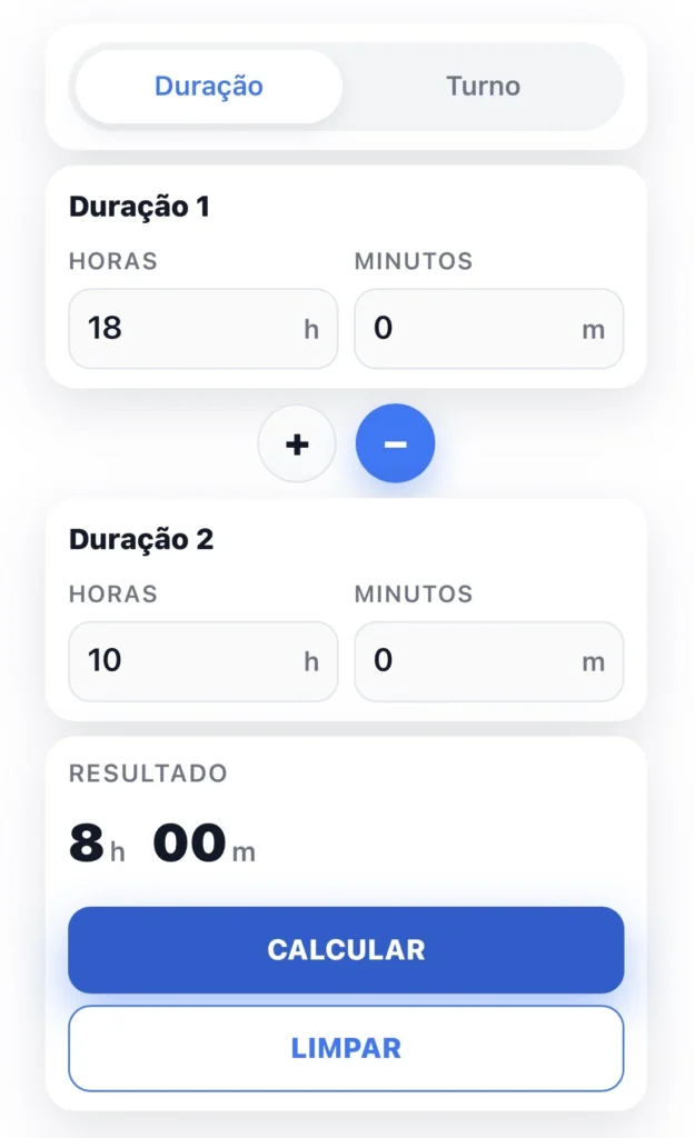 Calculadora de horas e minutos no modo Duração
