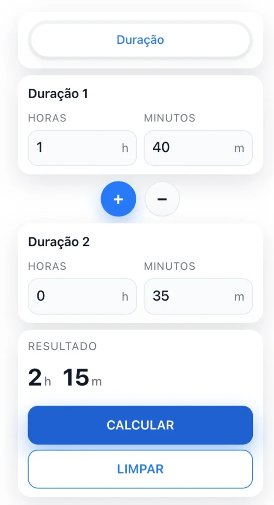 Exemplo de como somar horas e minutos na calculadora de horas e minutos