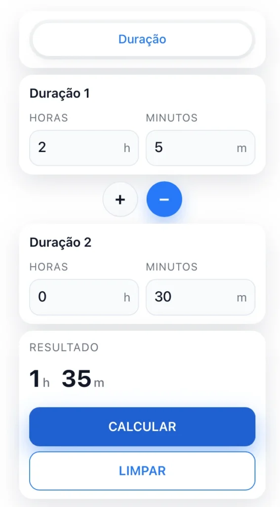 Exemplo de como subtrair horas e minutos online na calculadora de horas e minutos