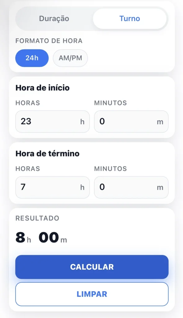 Exemplo de turno que passa da meia-noite (23:00 a 07:00) na calculadora de horas trabalhadas